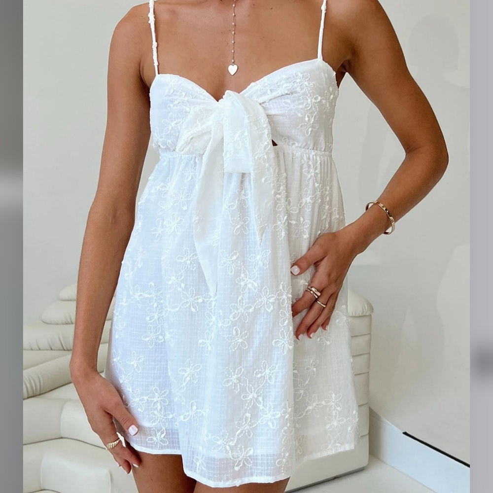 Princess Polly White Embroidered Tie-Front Mini Dress